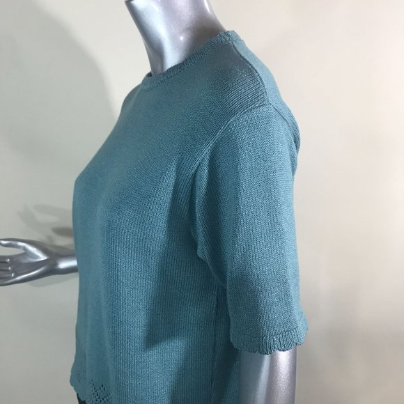 Alfred Dunner Women's Medium Teal Blue Knit Short Sleeve Sweater Crew Neck Scall - Picture 5 of 12